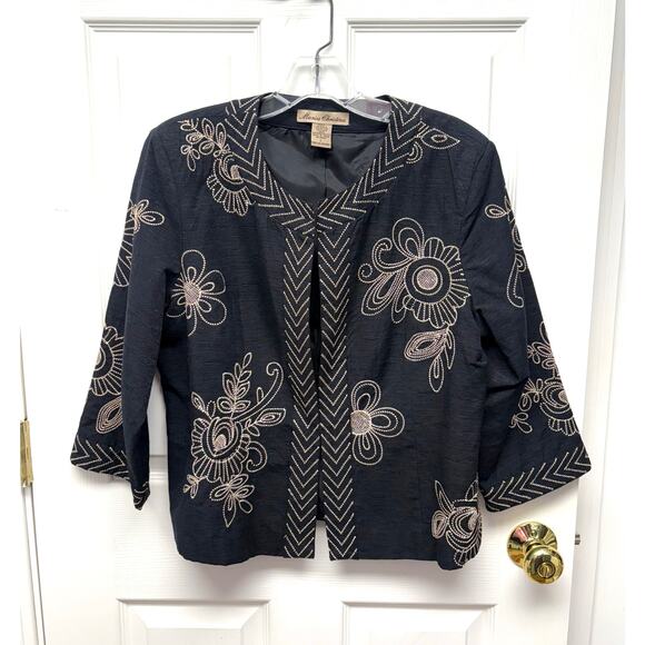 Marisa Christina Black Silk Linen Cropped Jacket, Embroidered, Women's Size L - Picture 1 of 7